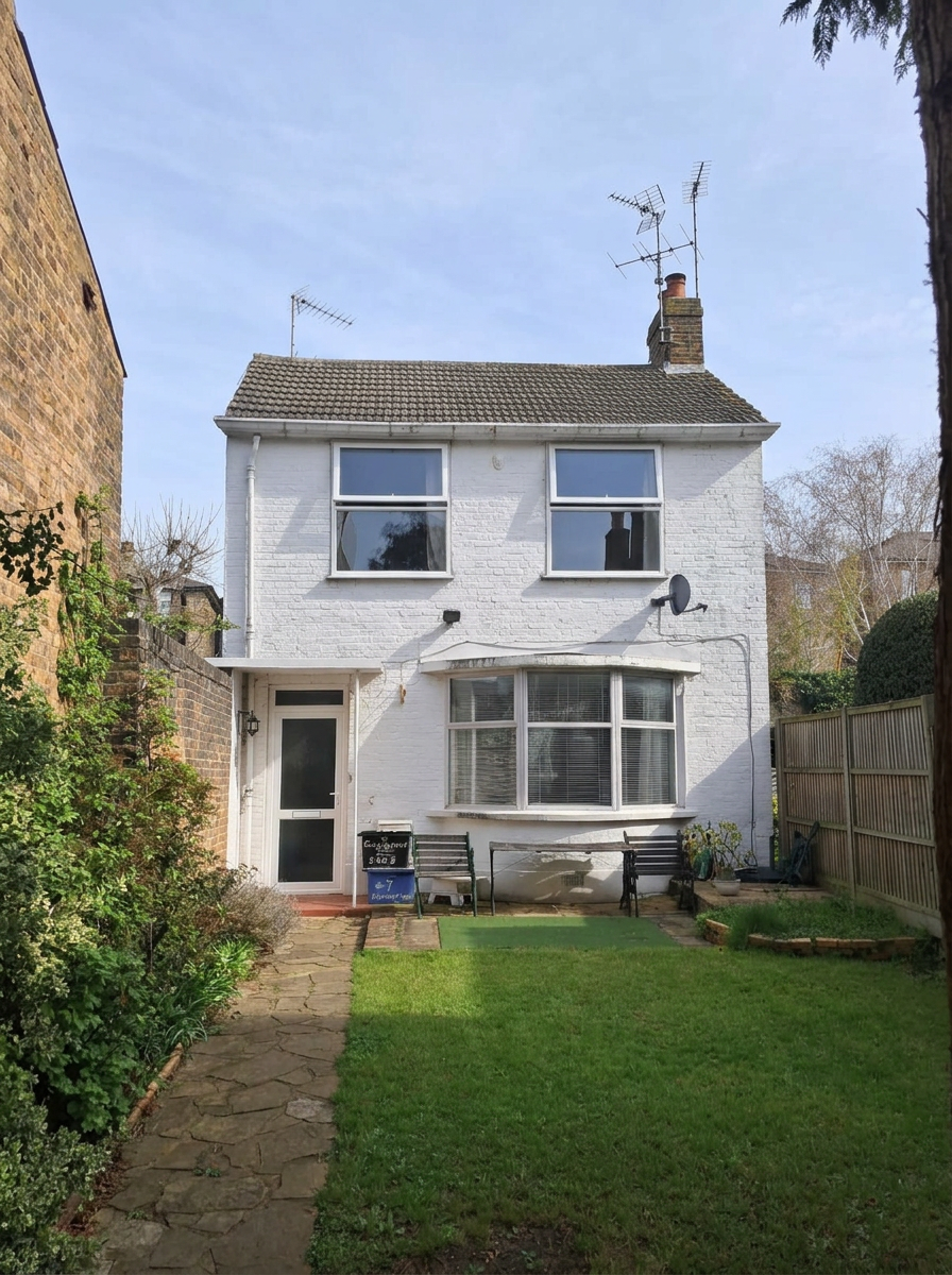 Rear of Richmond house painted white with damaged brickwork before restoration