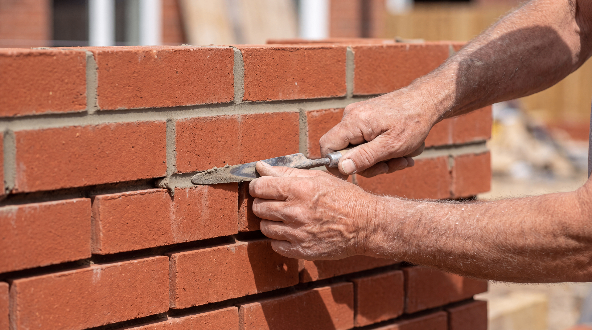 Skilled bricklayer laying bricks by hand