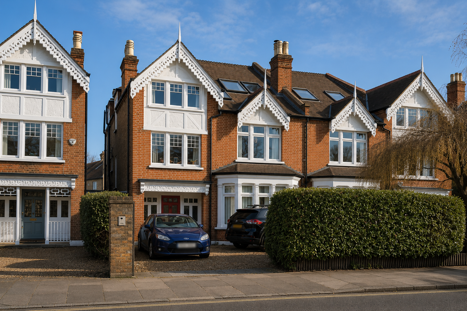 Restored Victorian red brick homes in Teddington with white decorative gables and refreshed brickwork