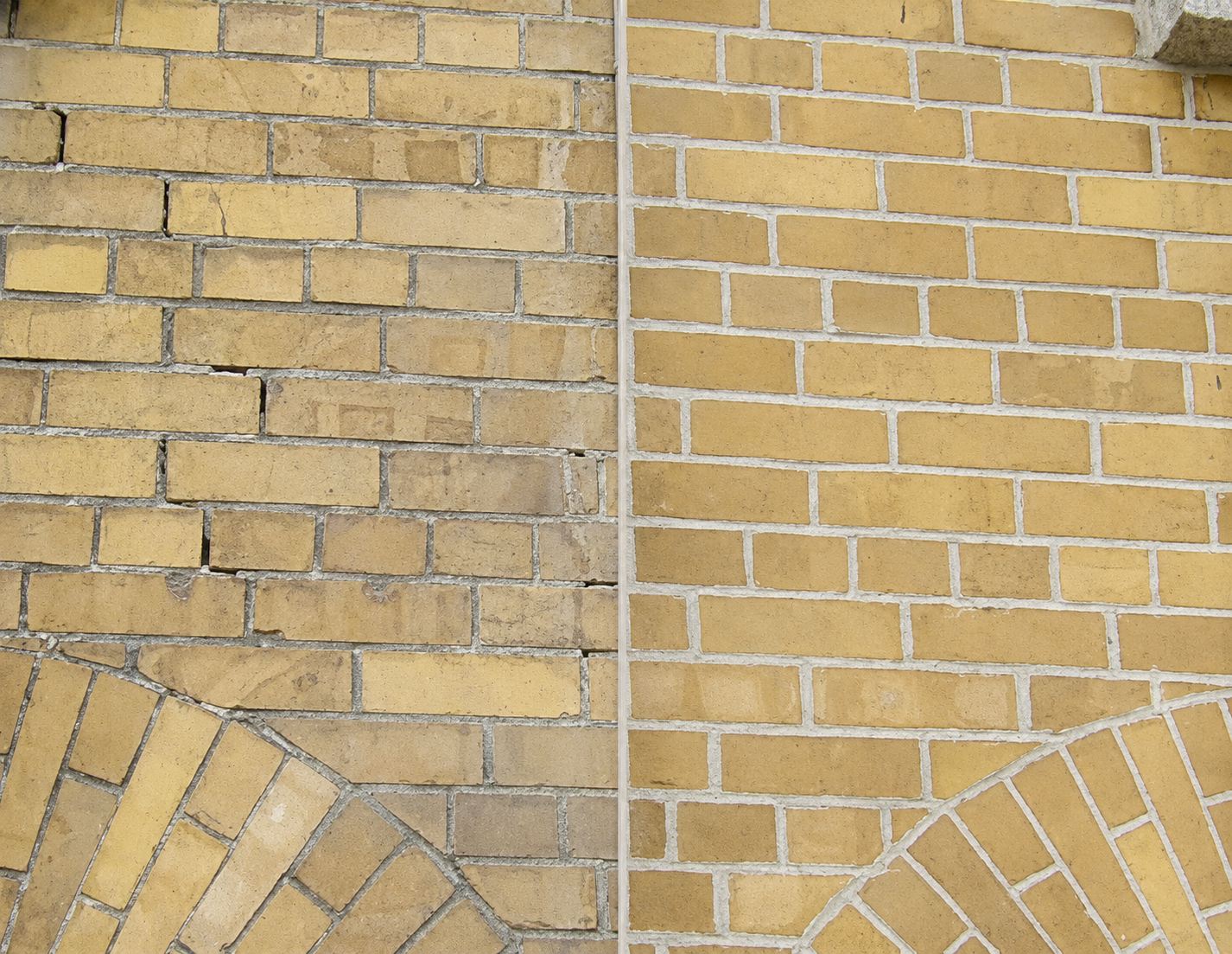Before and after comparison showing weathered yellow brickwork repointed with fresh lime mortar