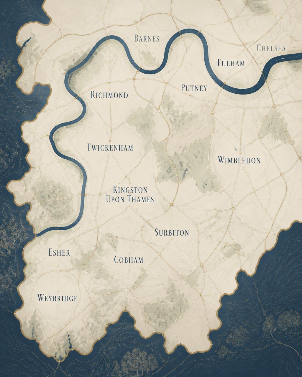Map showing Richmond Repointing coverage area across Richmond, Twickenham, Kingston, Wimbledon, Putney, Fulham, Chelsea, Barnes and Surrey borders