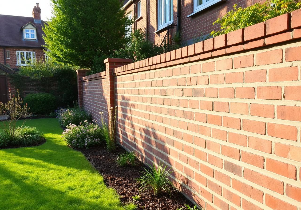 Newly built garden wall in stock brick